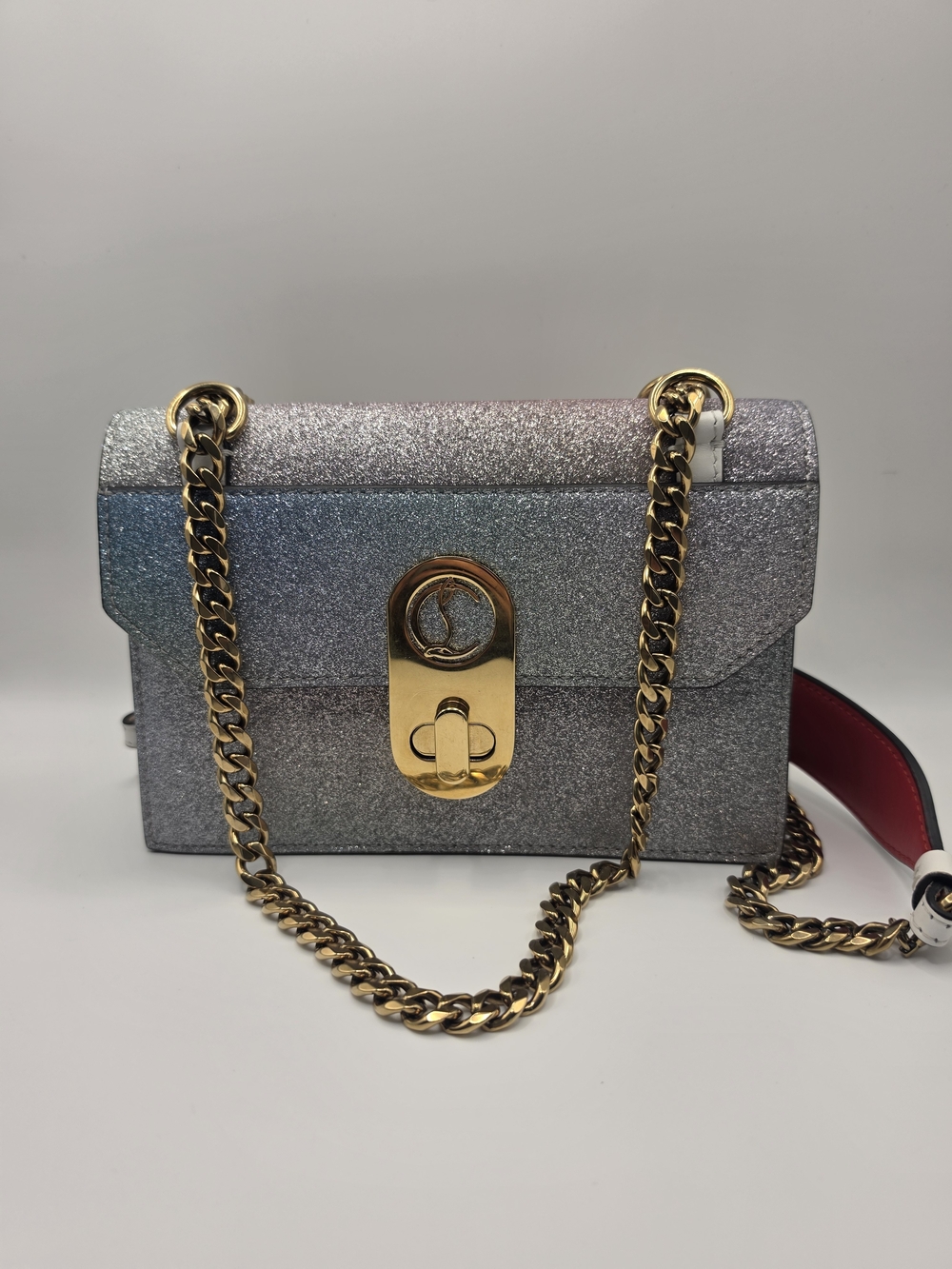 Christian Louboutin Elisa Mini Silver Glitter Chain Shoulder Bag, Gold Hardware